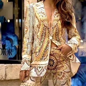 ZARA Multicolor Ecru Paisley Printed‎ Linen Blend Blazer Womens Sz M Boho Gypsy